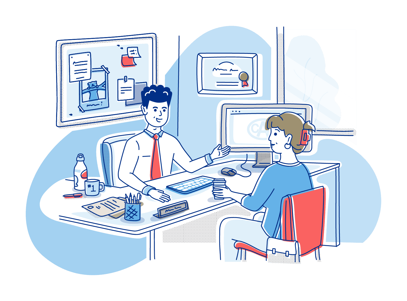 illustrated scene of a broker meeting with a customer in an office setting